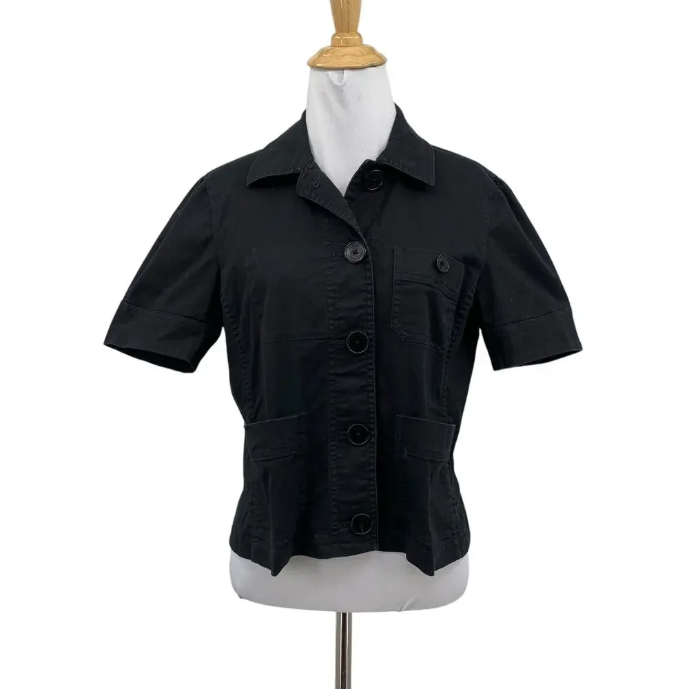 Lauren Ralph Lauren Shirt Womens M Medium Black Puff Sleeve Notch Cropped Top